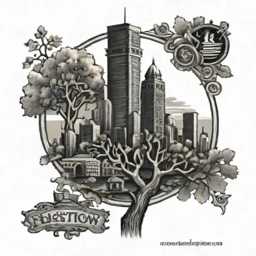 A black-grey tattoo of the Boston skyline with a firefighter emblem and a family tree intertwined, showcasing your connection to Boston, family, and firefighting tattoo design idea