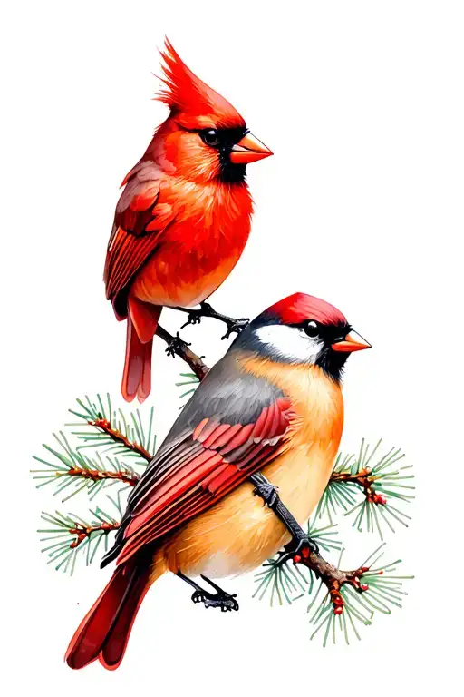 cardinal and chickadee in white pine tree branches tattoo design idea