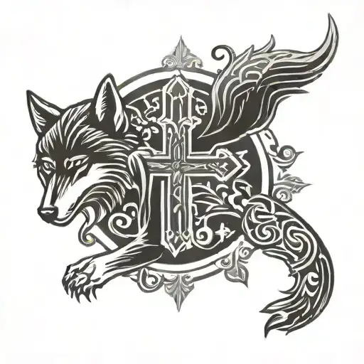 Orthodox cross and wolf tattoo design idea