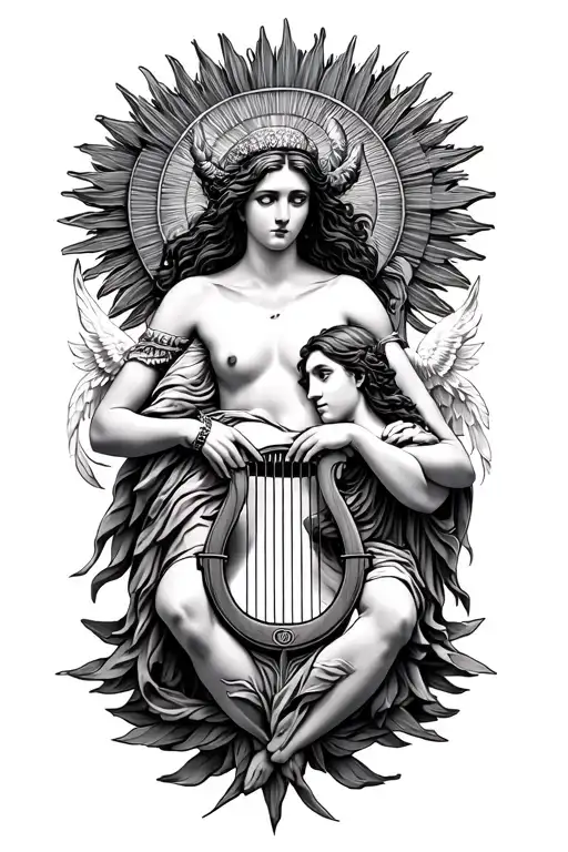 artemis and apollo lyre sun tattoo design idea