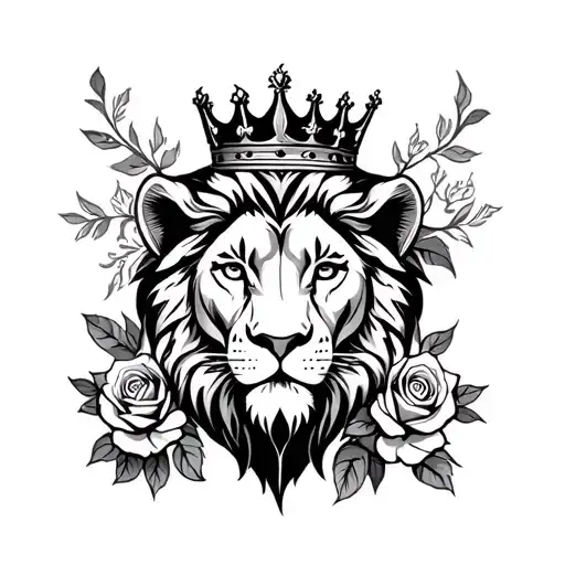 forarm tattoo with roses and a lion wearing a crown tattoo design idea