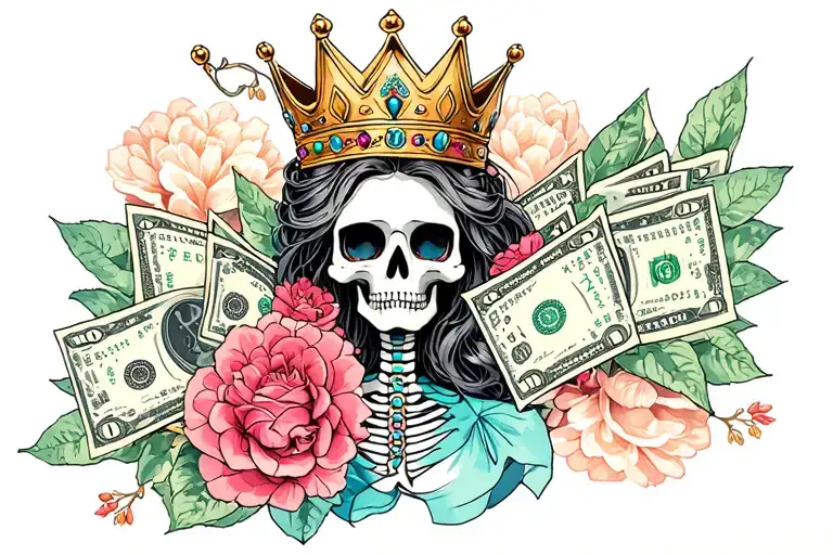 princess crown money sad pretty modern skeleton tattoo design idea