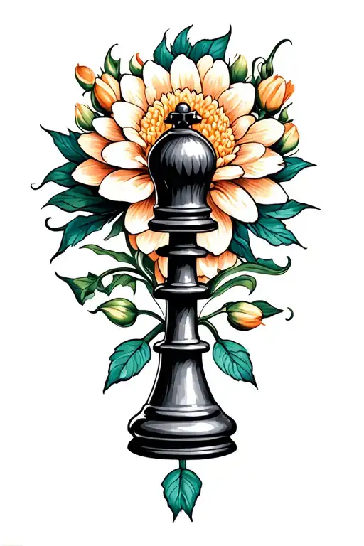 bishop chess piece with chrysanthemum flowers leaves and buds with whisps around it tattoo design idea