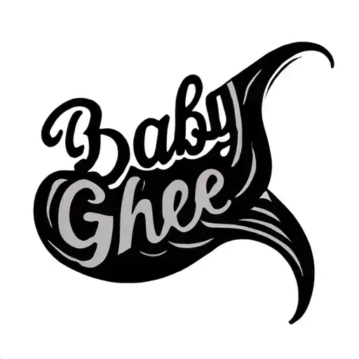 The name “Baby Ghee” written in cursive, flowing naturally.The last letter "e" in "Ghee" extends into a continuous fin tattoo design idea