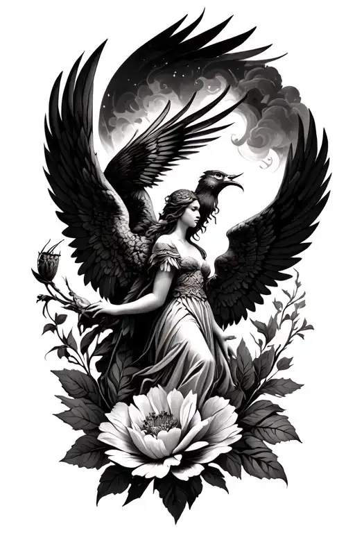 falllen angel with a phoenix and locust flower blooming tattoo design idea