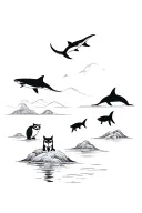 Japanese landscape with hidden animals; owl, cat, otter, panda, dolphin, shark and penguin tattoo design idea