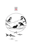 Japanese landscape with hidden animals; owl, cat, otter, panda, dolphin, shark and penguin tattoo design idea