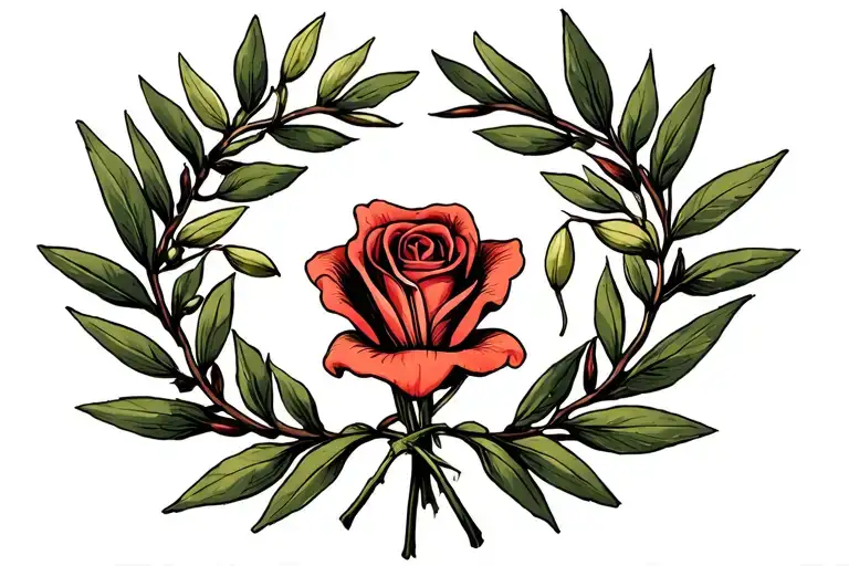 laurel wreath made of olive tree branches, with a big rose intertwined with a one big lily in the center tattoo design idea