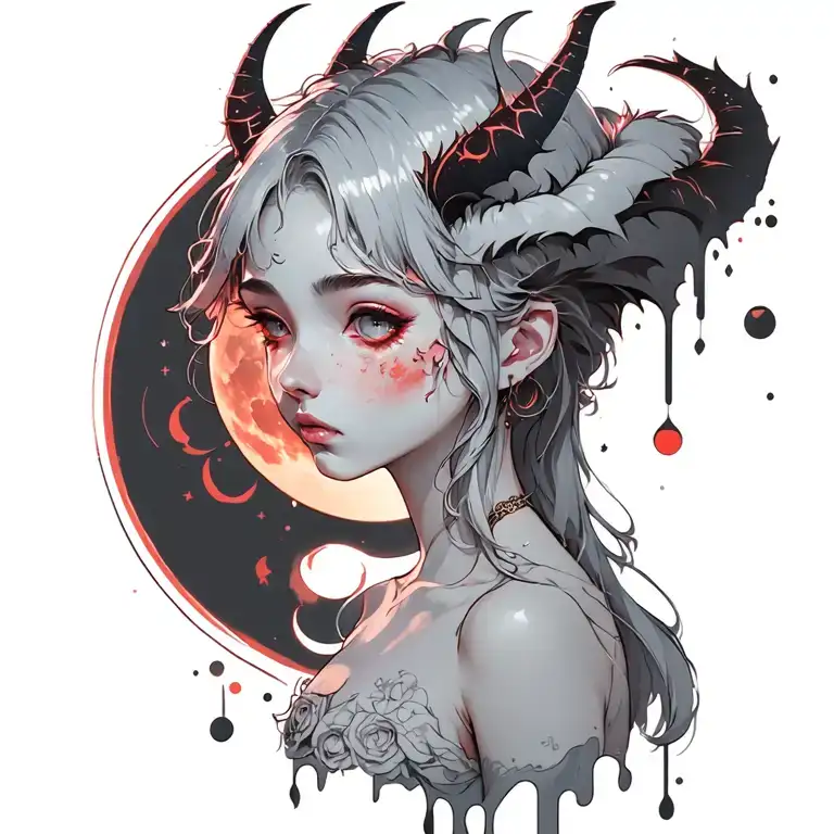 demon girl,blood moon phases tattoo design idea