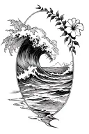 waves crashing on the beach with small hibiscus vine on right side tattoo design idea