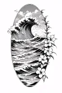 waves crashing on the beach with small hibiscus vine on right side tattoo design idea