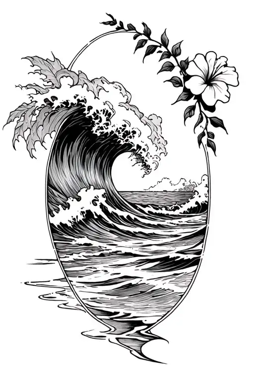 waves crashing on the beach with small hibiscus vine on right side tattoo design idea