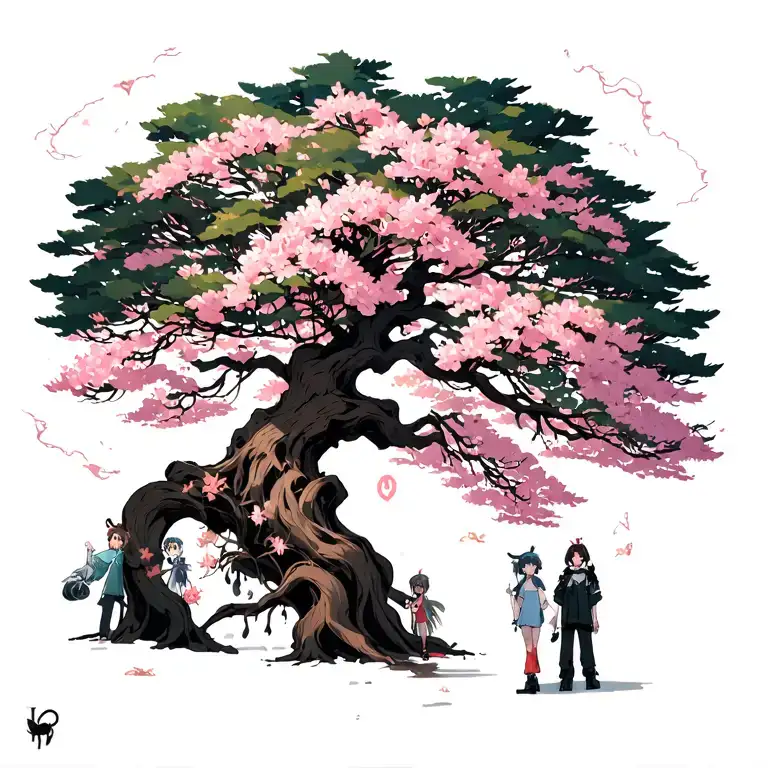A big sakura tree with a bunch of different anime characters on it and around it tattoo design idea