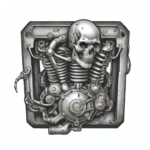 engine morphing half skeleton tattoo design idea