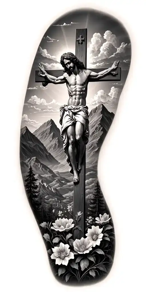 Mountains, Jesus Christ's death on the cross, Jesus Christ's resurrection, flowers, Trees, clouds tattoo design idea