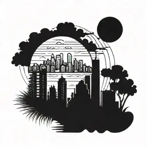 A tropical-inspired tattoo featuring a Detroit skyline silhouette with mountains in the background tattoo design idea