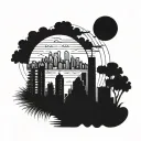 A tropical-inspired tattoo featuring a Detroit skyline silhouette with mountains in the background tattoo design idea