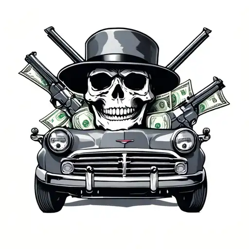 skull, guns ,mafia boss, vintage car and money  tattoo design idea