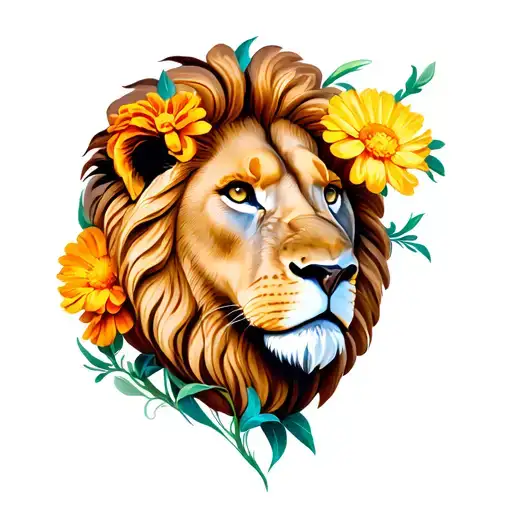 lion head part in french marigold flower tattoo design idea