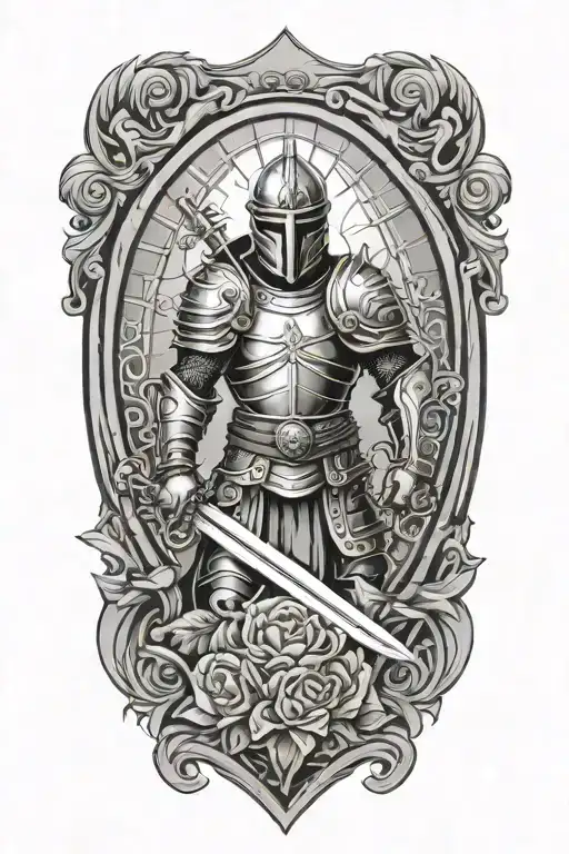 strength courage faith , god warrior with helmet sword shield rose window on armor  tattoo design idea