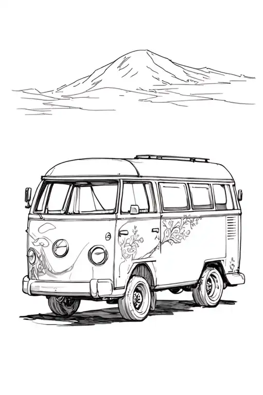 campervan black and white tattoo design idea
