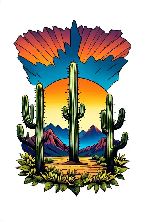 Arizona sunset, cactus, mountains across tattoo design idea
