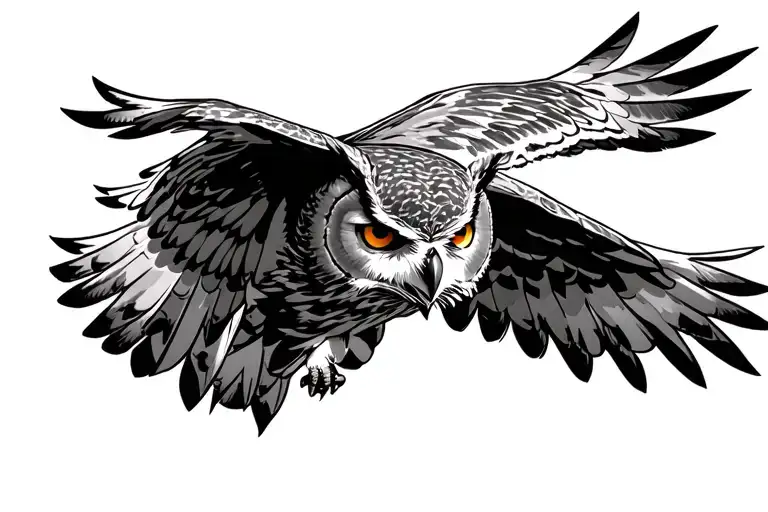 great horned owl in flight from the head on direction tattoo design idea
