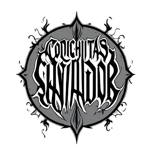 Black text gothic calligraphy Round text "CONCHITASALVADOR" tattoo design idea