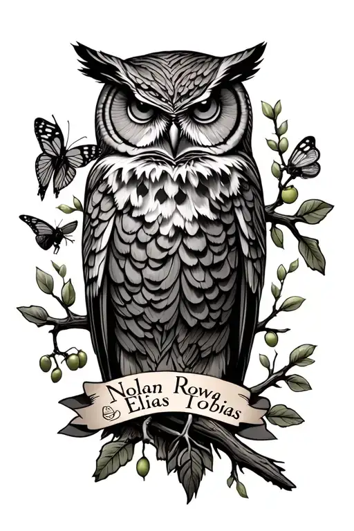 "Nolan Rowan Elias Tobias" Oak tree trunk, a Rowan branch, olive branch, oak branch, and weeping willow branch. owl, sparrow, butterfly, honeybee tattoo design idea