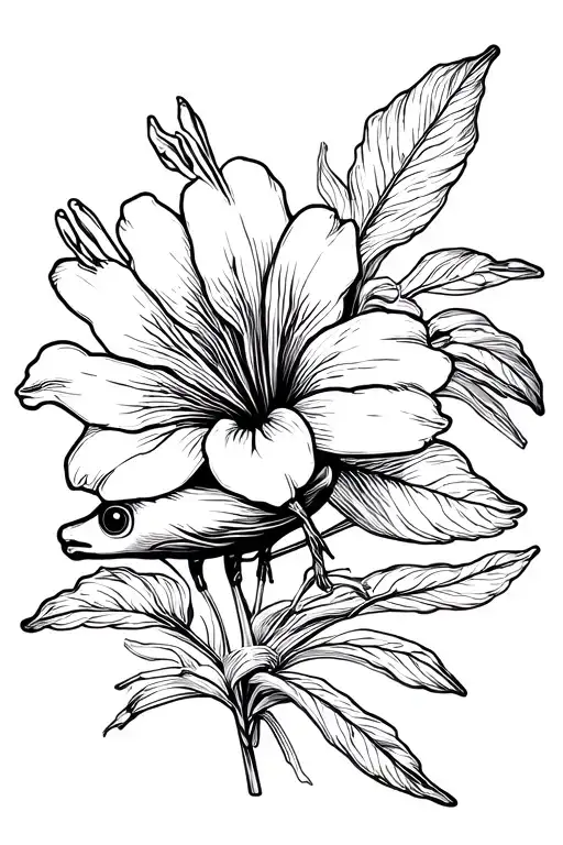 realistic flor de maga with coqui perched on it delicately clean solid line work  tattoo design idea