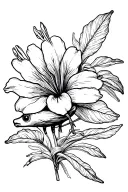 realistic flor de maga with coqui perched on it delicately clean solid line work  tattoo design idea