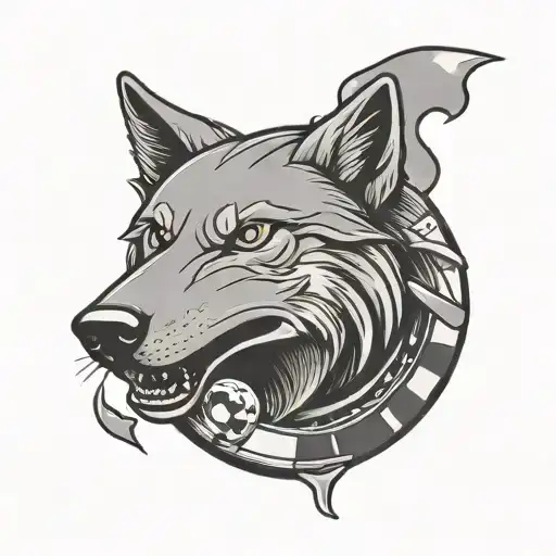 A poker chip with a wolf face and Ferrari logo in the center tattoo design idea