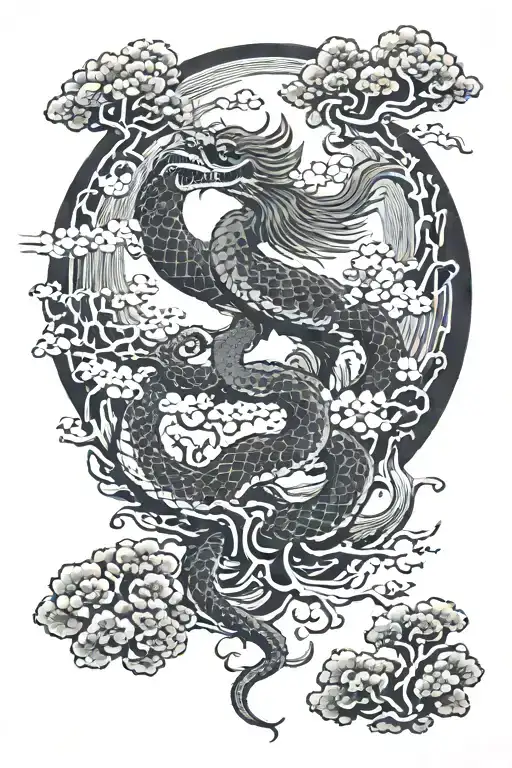 phoenix rising above and bonsai tree and snake going tattoo design idea