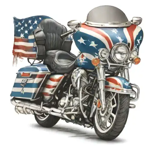 A realistic depiction of a Harley Davidson Road Glide motorcycle intertwined with a traditional American flag design tattoo design idea