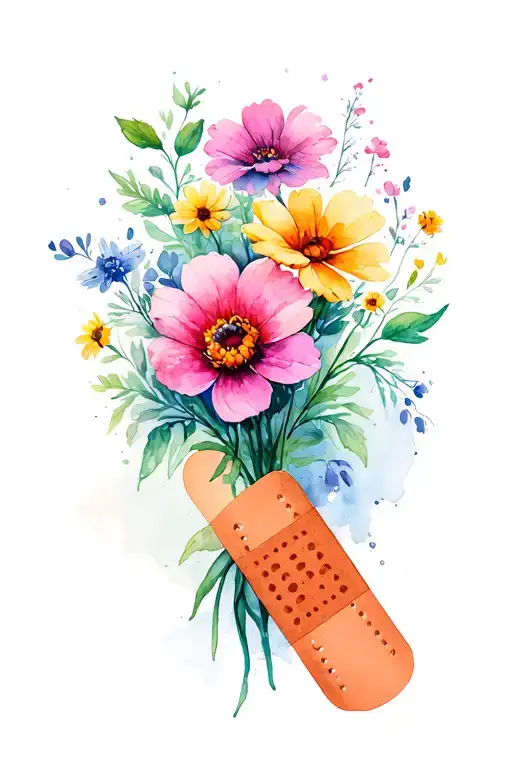 colorful flowers held by bandaid tattoo design idea