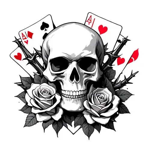 skull and roses with cards and thorns  tattoo design idea