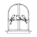 A minimalist design of the silhouettes of three little canaries perched on a window sill tattoo design idea