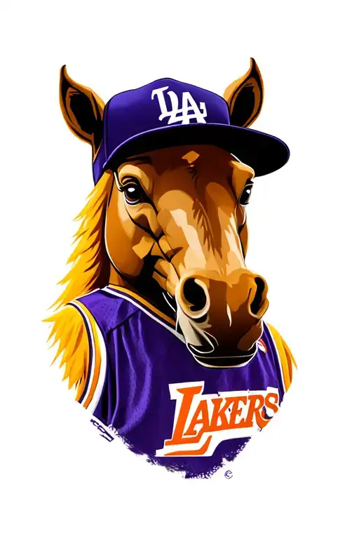 denver bronco horse mascot wearing kobe Bryant logo jersey with LA dodgers hat tattoo design idea