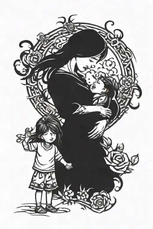 Midnight, dark spirit, family, my wife and child holding hands tattoo design idea