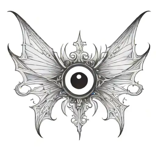 seraphim, 6 large bat wings, large demon eye in the centre, gothic tattoo design idea