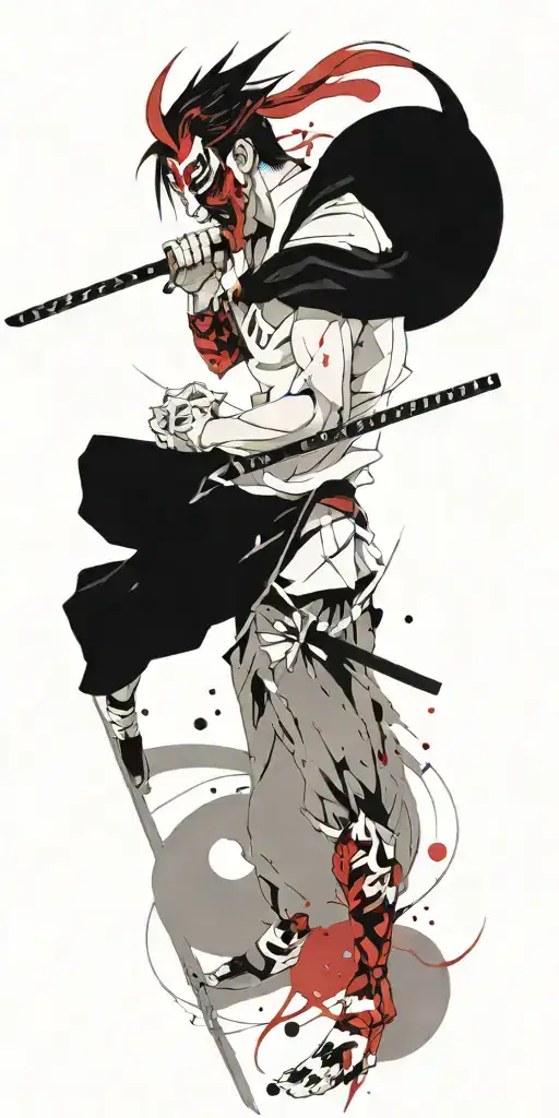 male anime character wearing oni mask holding swords fighting off inner demons  tattoo design idea