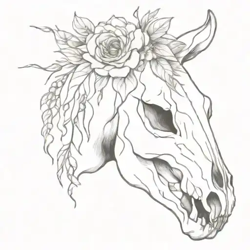 horse skull with flowers growing tattoo design idea