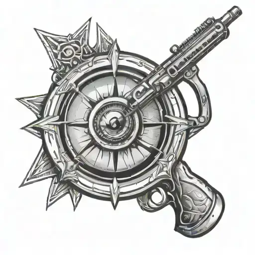 round patch, shield and eye, in the center of the eye is a target, sniper rifle tattoo design idea