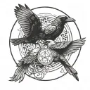 a mockingbird and a crow in a circular motif representing tattoo design idea