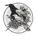 a mockingbird and a crow in a circular motif representing tattoo design idea