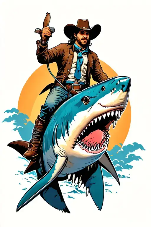 cowboy riding a shark  tattoo design idea