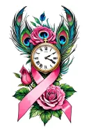PINK ROSE BREAST CANCER RIBBON PEACOCK FEATHERS AND TIMEPIECE tattoo design idea