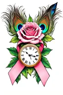 PINK ROSE BREAST CANCER RIBBON PEACOCK FEATHERS AND TIMEPIECE tattoo design idea