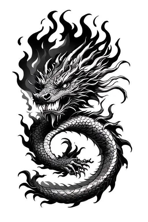 dragon with fire around it and strength knows no limit in Chinese around it tattoo design idea