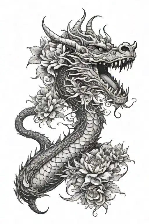 a friendly looking dragon with asters flowers around it with a virgo vibe to it  tattoo design idea